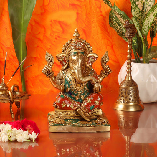 Ganesha superfine Brass statue fully engraved with mouse 8 inch with stonework
