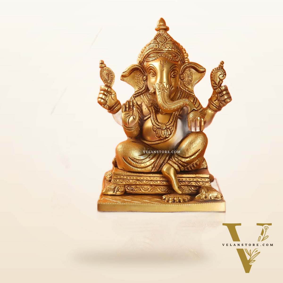Ganesha superfine Brass statue fully engraved with mouse 9.5 inch