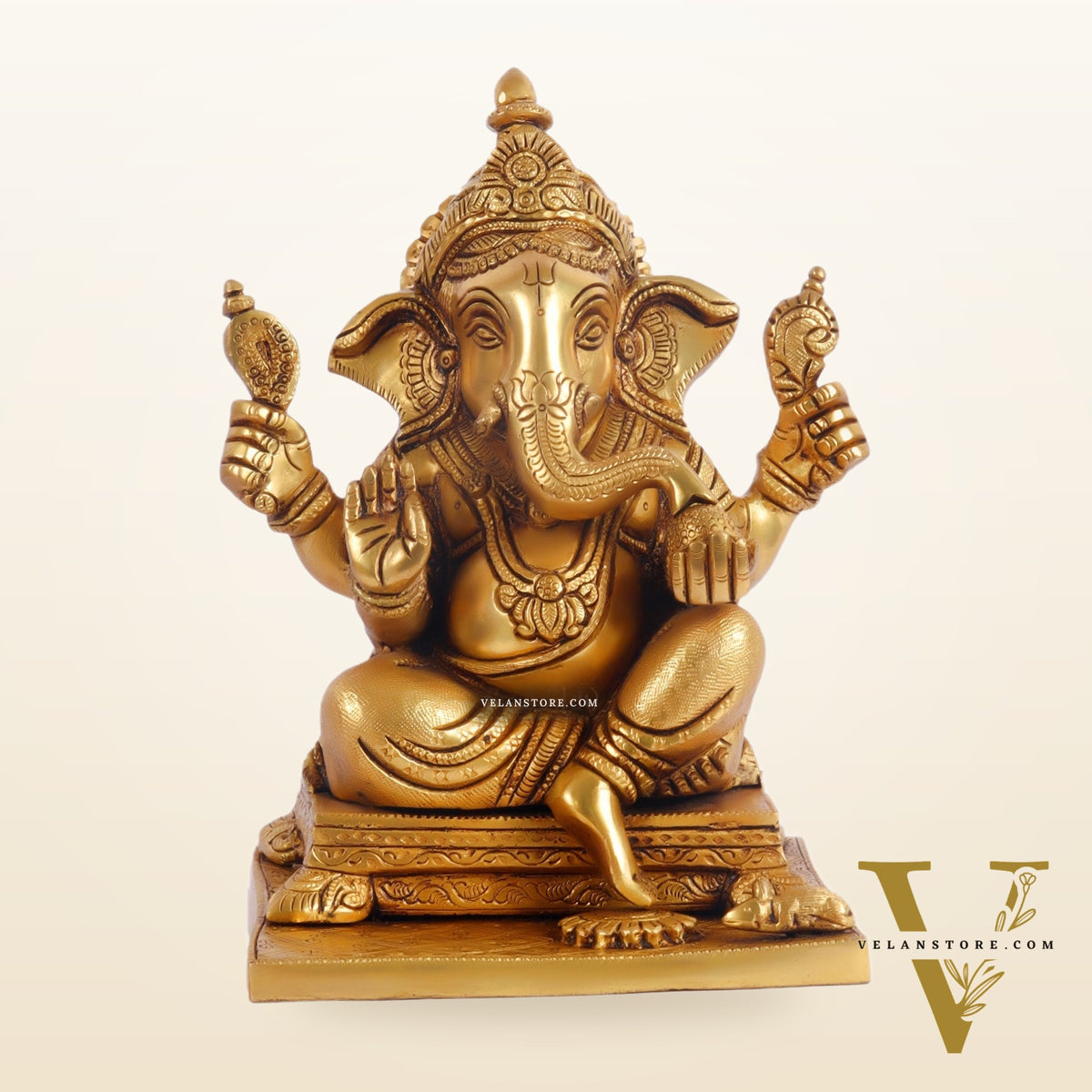 Ganesha superfine Brass statue fully engraved with mouse 9.5 inch