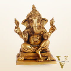 Ganesha superfine Brass statue fully engraved with mouse 9.5 inch