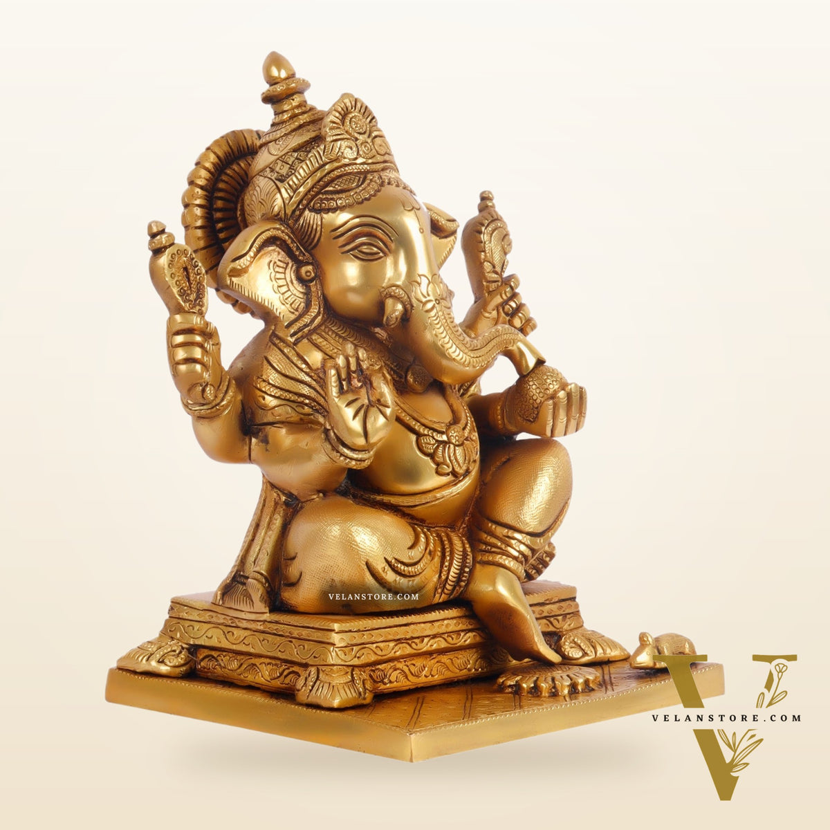 Ganesha superfine Brass statue fully engraved with mouse 9.5 inch