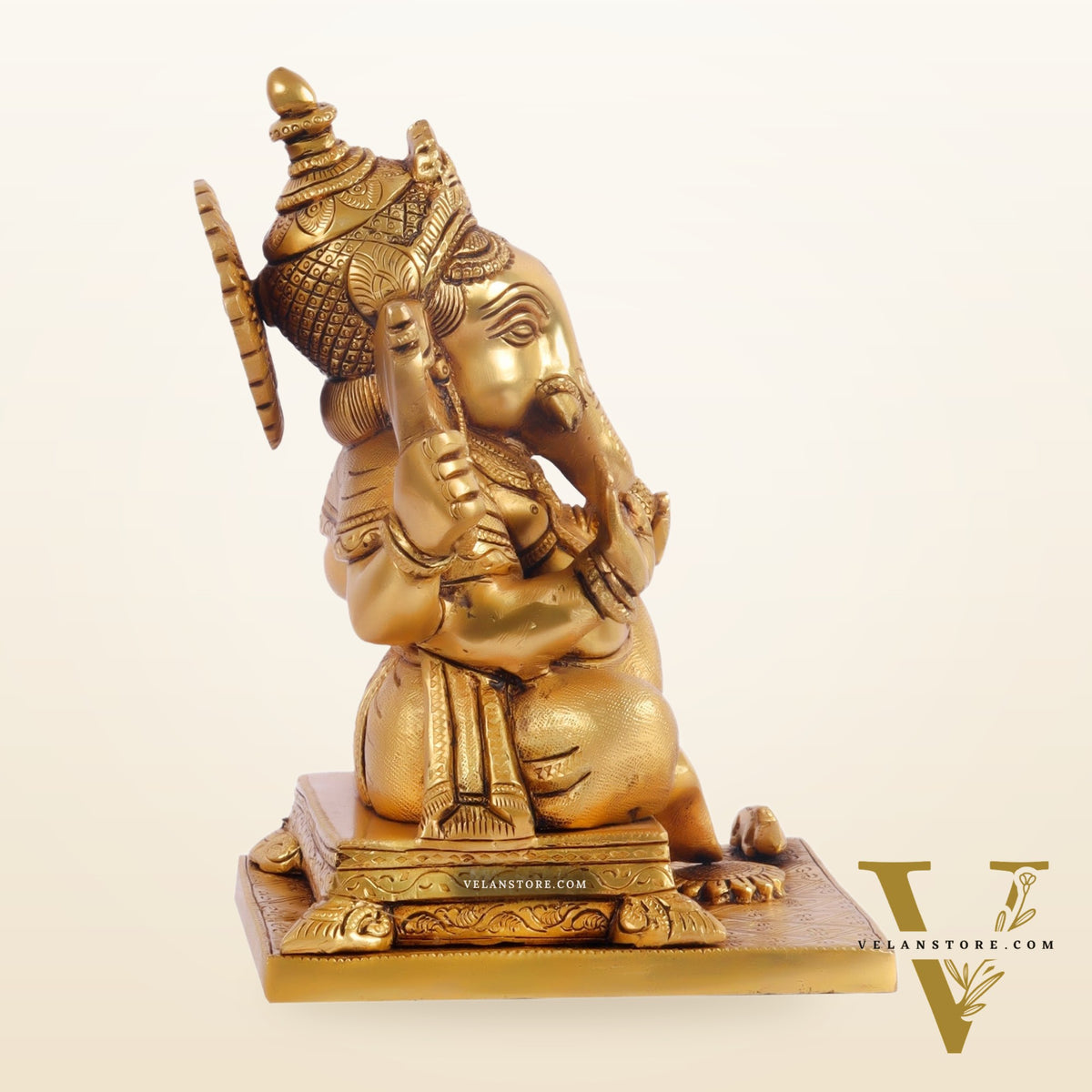 Ganesha superfine Brass statue fully engraved with mouse 9.5 inch