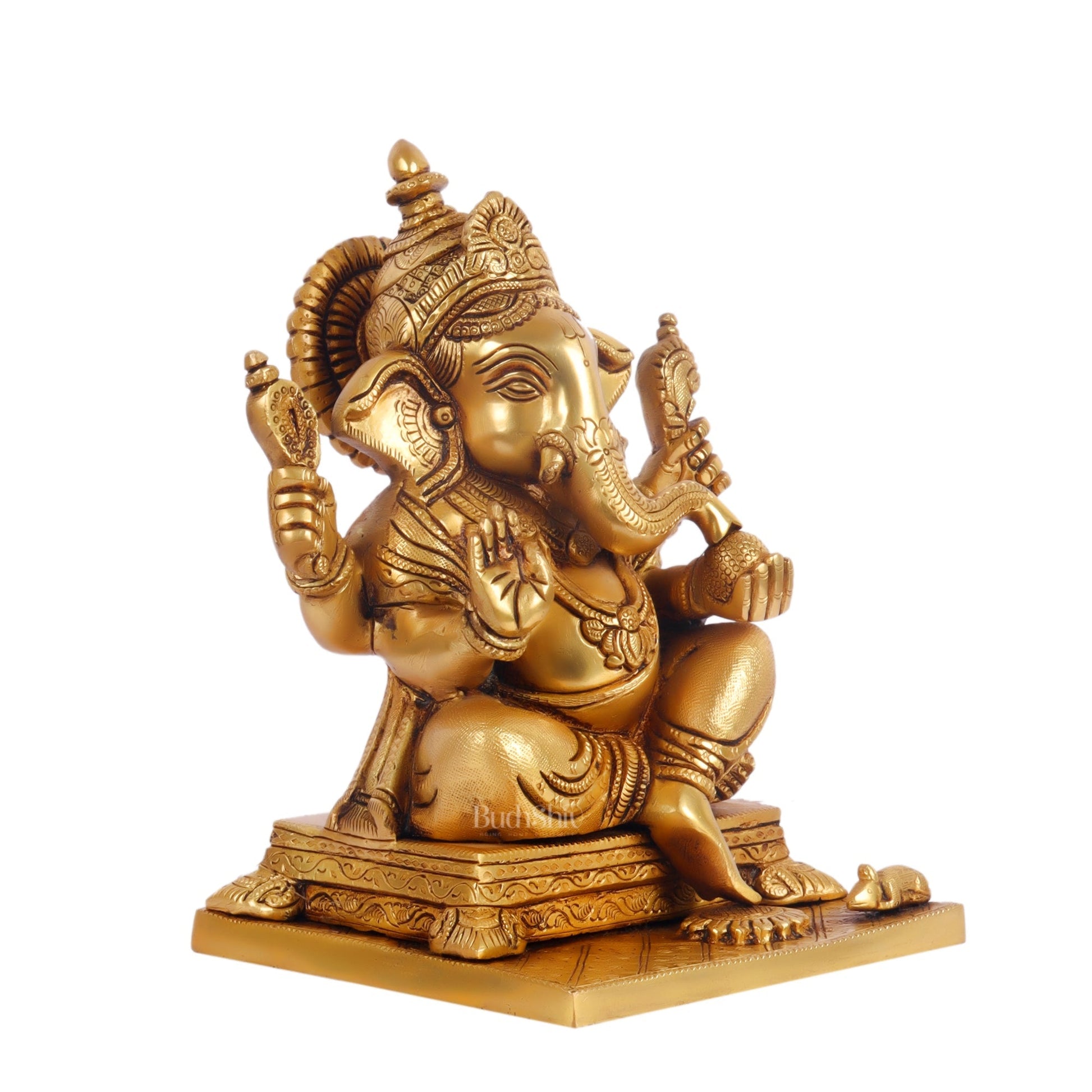 Ganesha superfine Brass statue fully engraved with mouse 9.5 inch