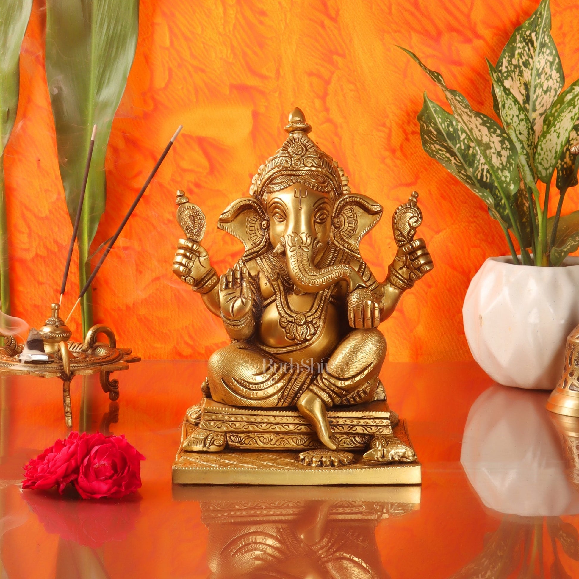 Ganesha superfine Brass statue fully engraved with mouse 9.5 inch