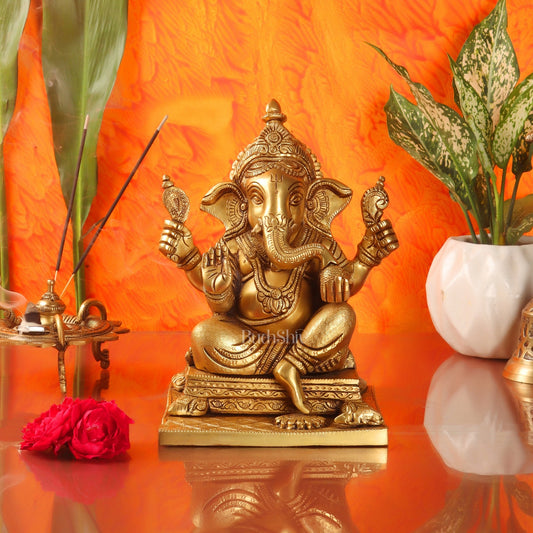Ganesha superfine Brass statue fully engraved with mouse 9.5 inch