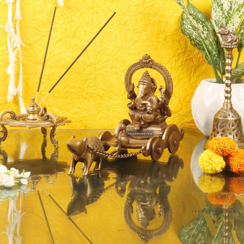 Ganesha with a mouse on a Rath Chariot 11"