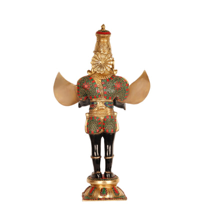 Handcrafted Brass Garuda Dev Statue - Black and Gold Finish, 22" Tall, 10.5kg