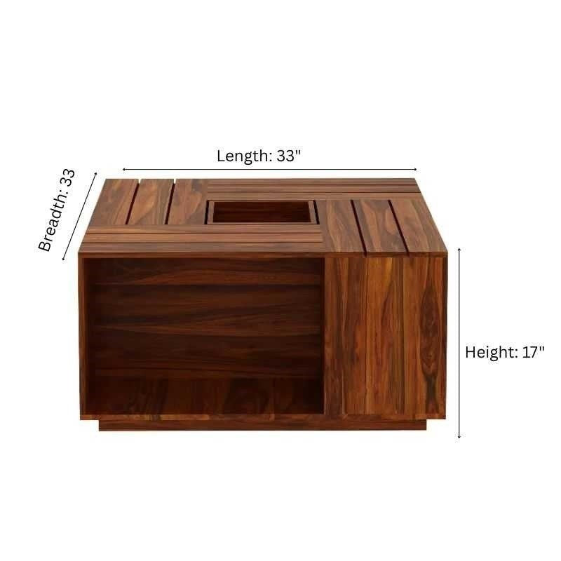 GeoNest Sheehsam solid wood Coffee Table | Wooden Finish with Geometric Top | Storage Shelves | Living Room