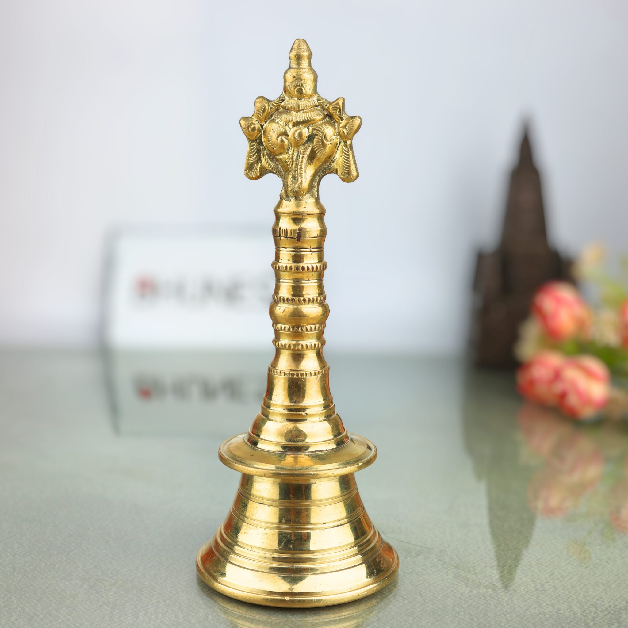 Brass Hand Bell Ghanti With Shankha And Chakra for Pooja, Aarti, Meditation & Temple Rituals, Decorative Peetal/Pittal Puja Bell, Gold, 8 Inch, 1 Piece