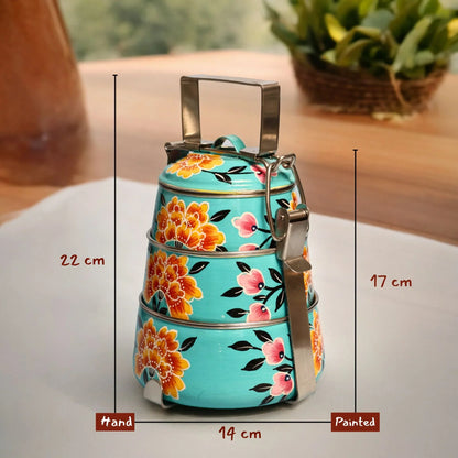 Shri-badri Hand Painted 3 Tier Steel tiffin Box - Blue