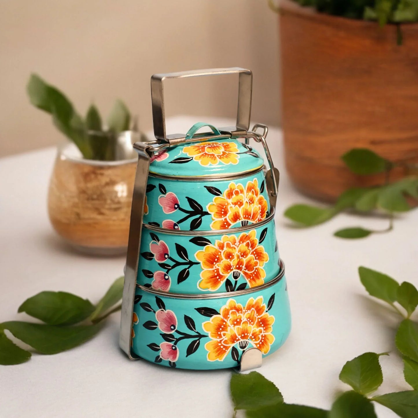 Shri-badri Hand Painted 3 Tier Steel tiffin Box - Blue