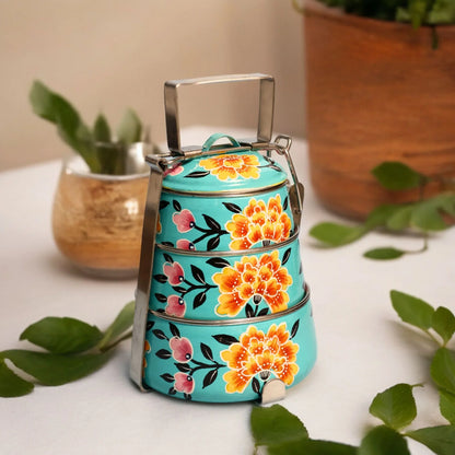 Shri-badri Hand Painted 3 Tier Steel tiffin Box - Blue