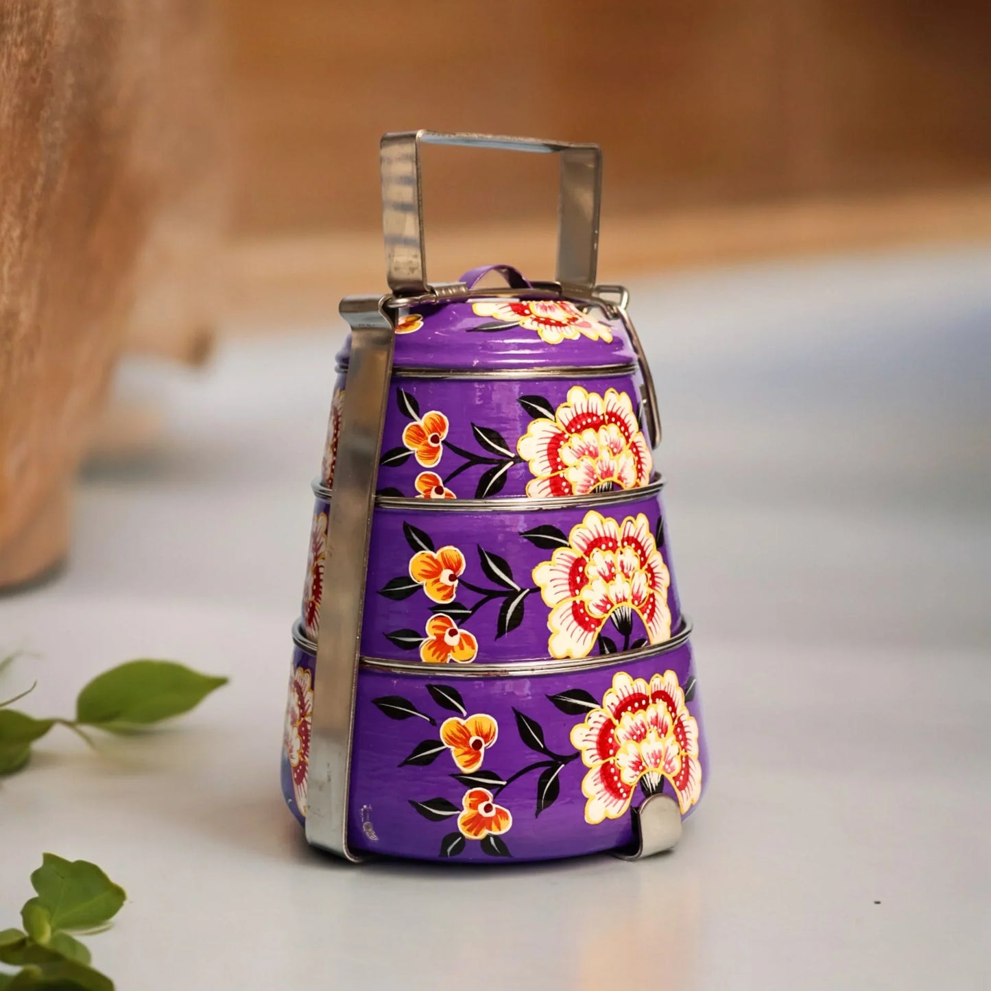 Shri-badri Hand Painted 3 Tier Steel tiffin Box - Purple