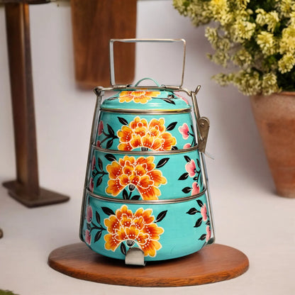 Shri-badri Hand Painted 3 Tier Steel tiffin Box - Blue