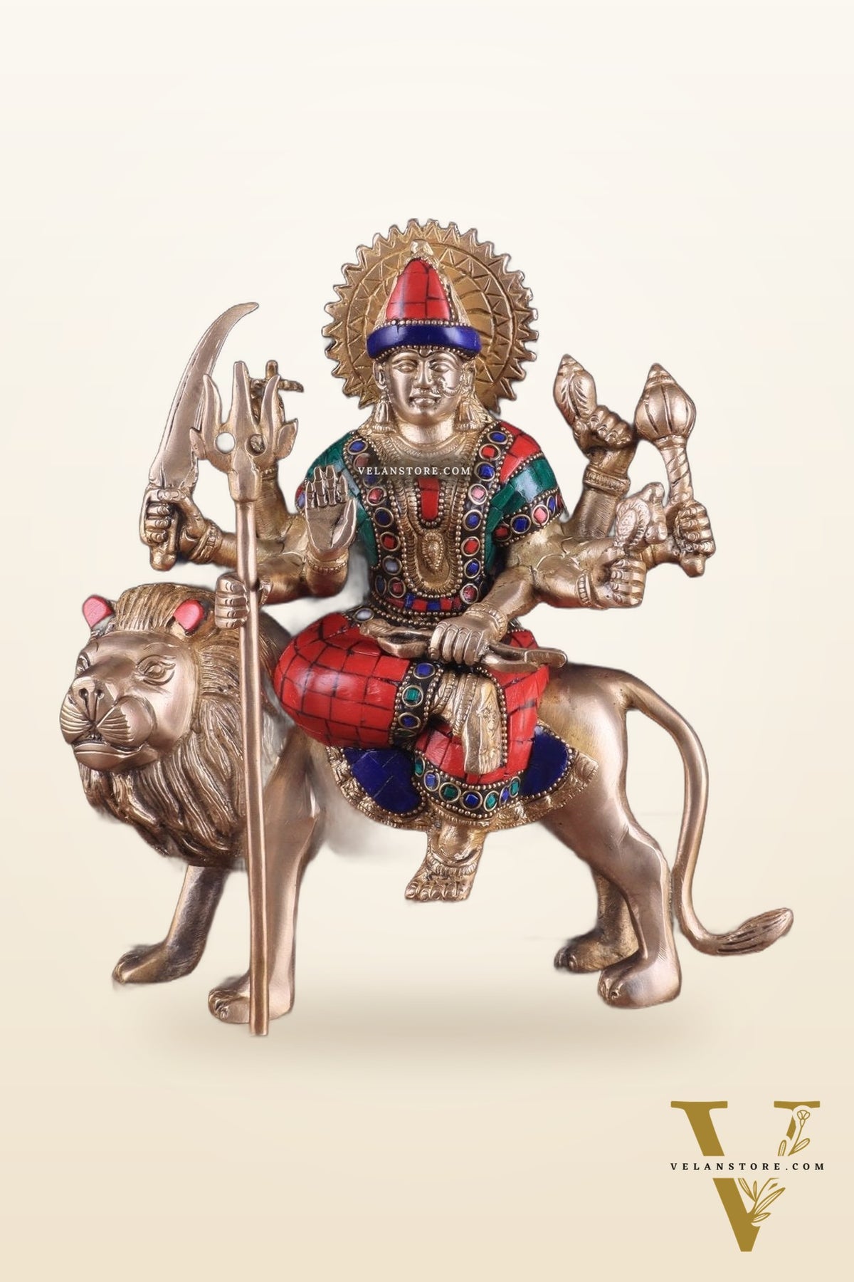 Goddess Durga brass idol 9 inch stonework