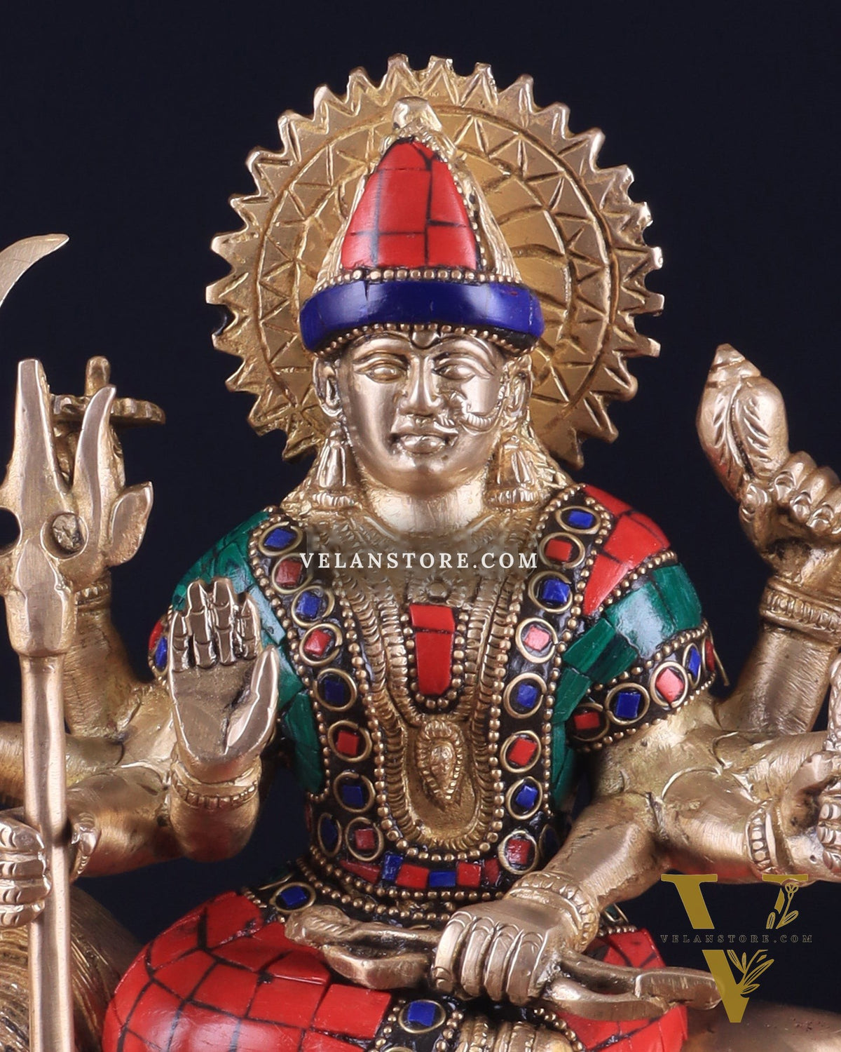 Goddess Durga brass idol 9 inch stonework