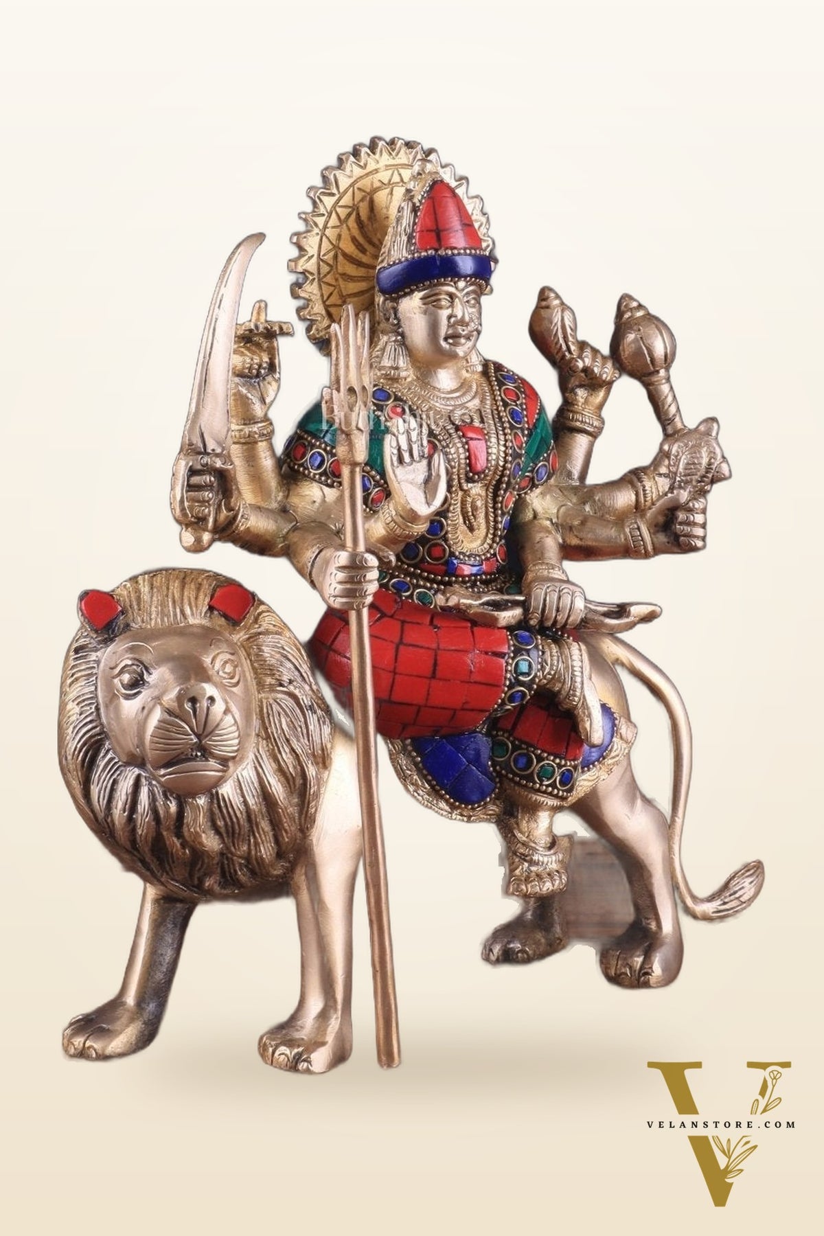 Goddess Durga brass idol 9 inch stonework