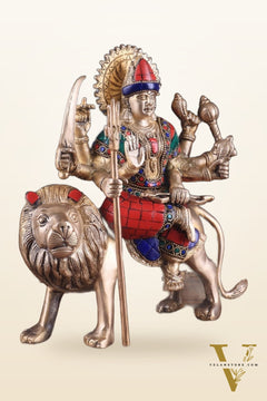 Goddess Durga brass idol 9 inch stonework