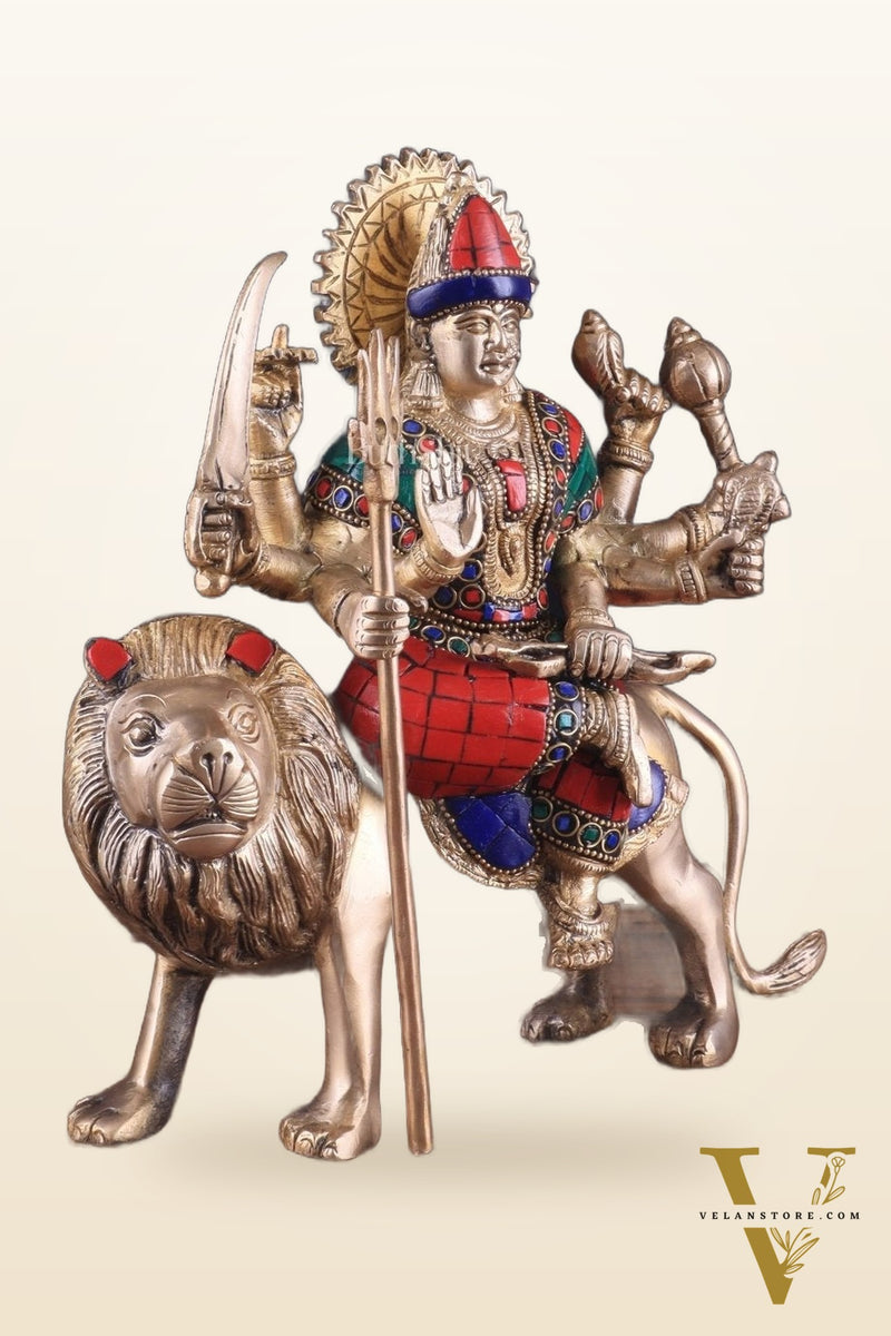 Goddess Durga brass idol 9 inch stonework