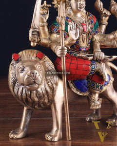 Goddess Durga brass idol 9 inch stonework