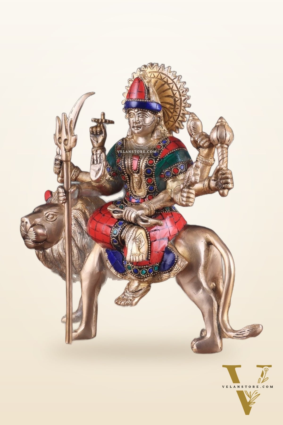 Goddess Durga brass idol 9 inch stonework
