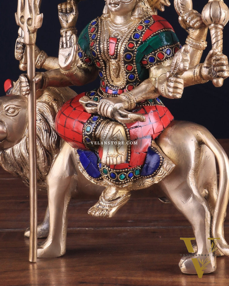 Goddess Durga brass idol 9 inch stonework