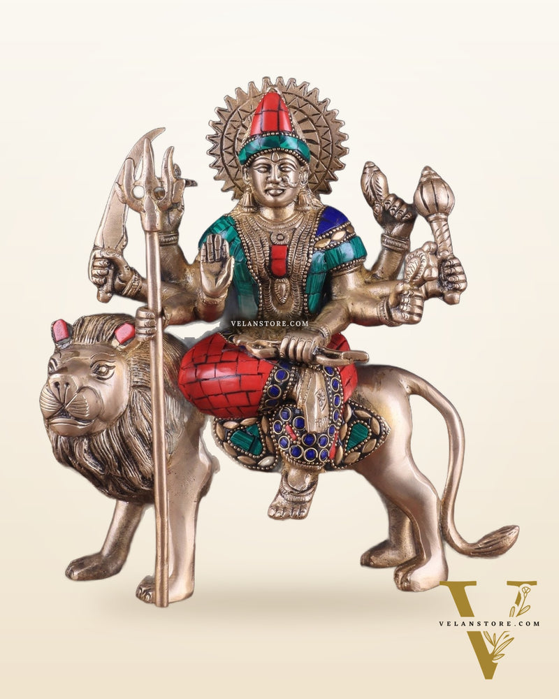 Goddess Durga brass idol 9 inch with stonework