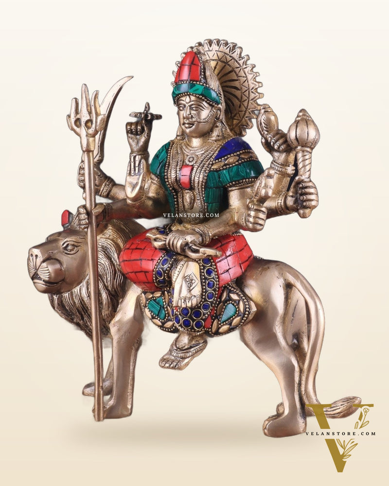 Goddess Durga brass idol 9 inch with stonework