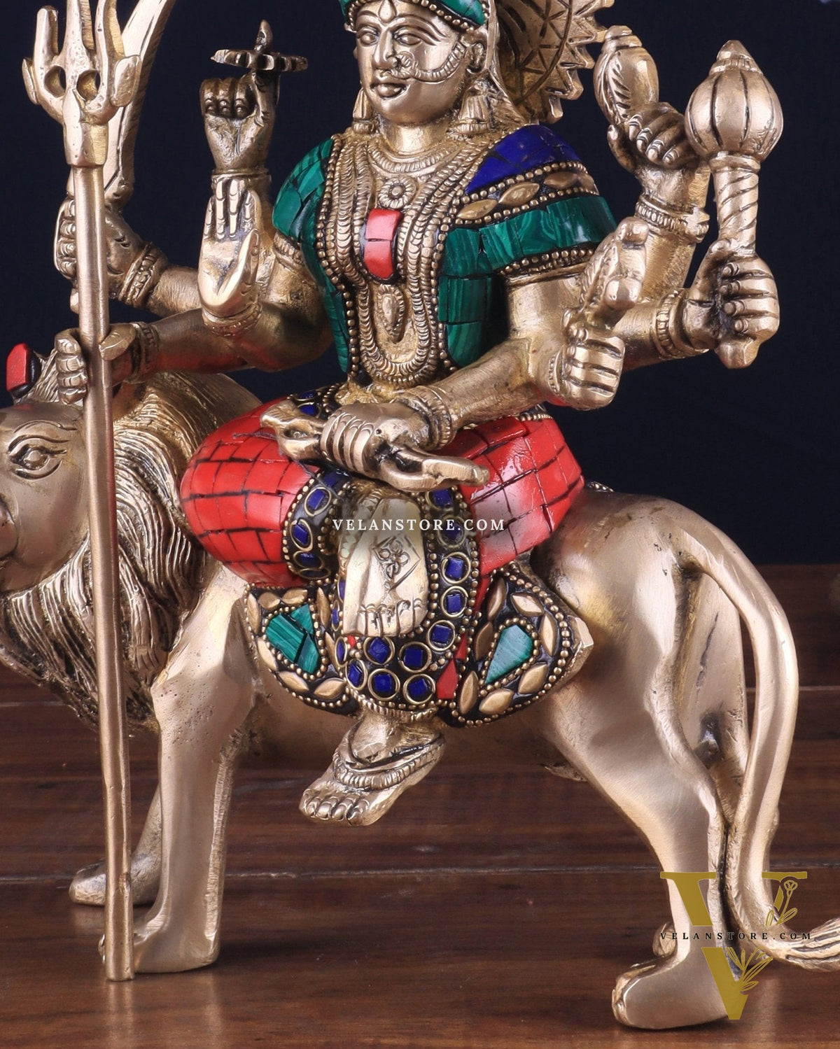 Goddess Durga brass idol 9 inch with stonework