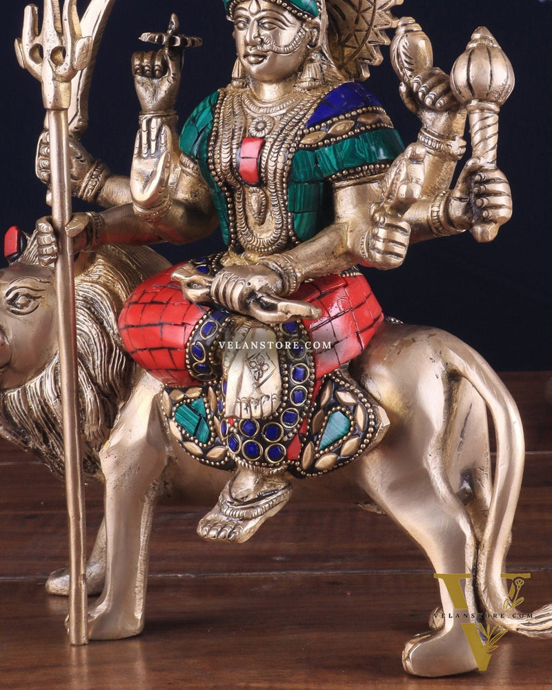 Goddess Durga brass idol 9 inch with stonework