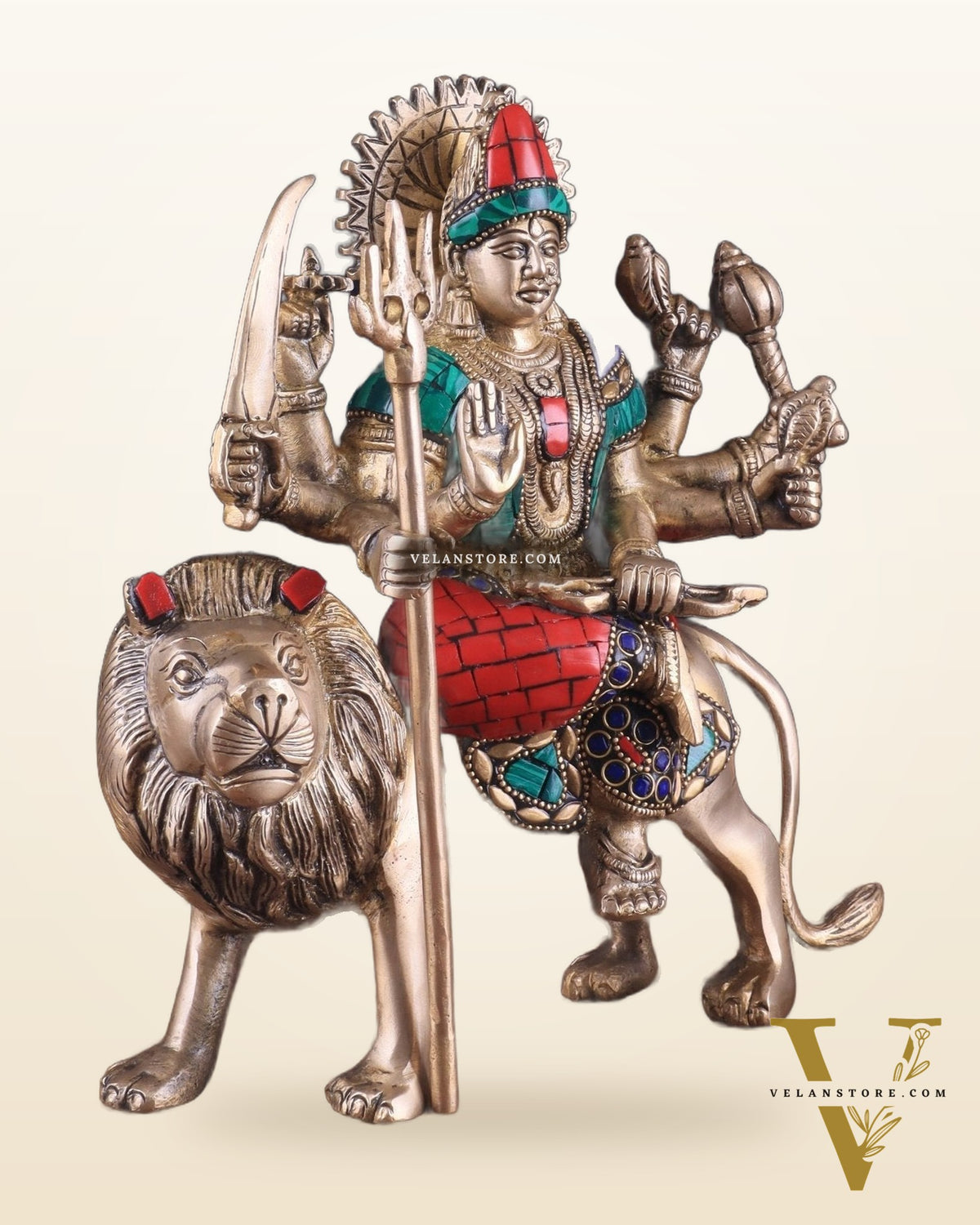 Goddess Durga brass idol 9 inch with stonework