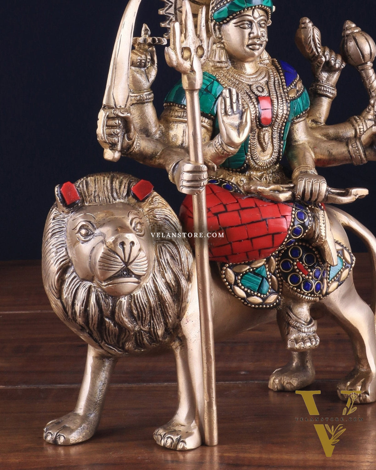 Goddess Durga brass idol 9 inch with stonework