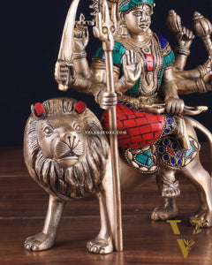 Goddess Durga brass idol 9 inch with stonework