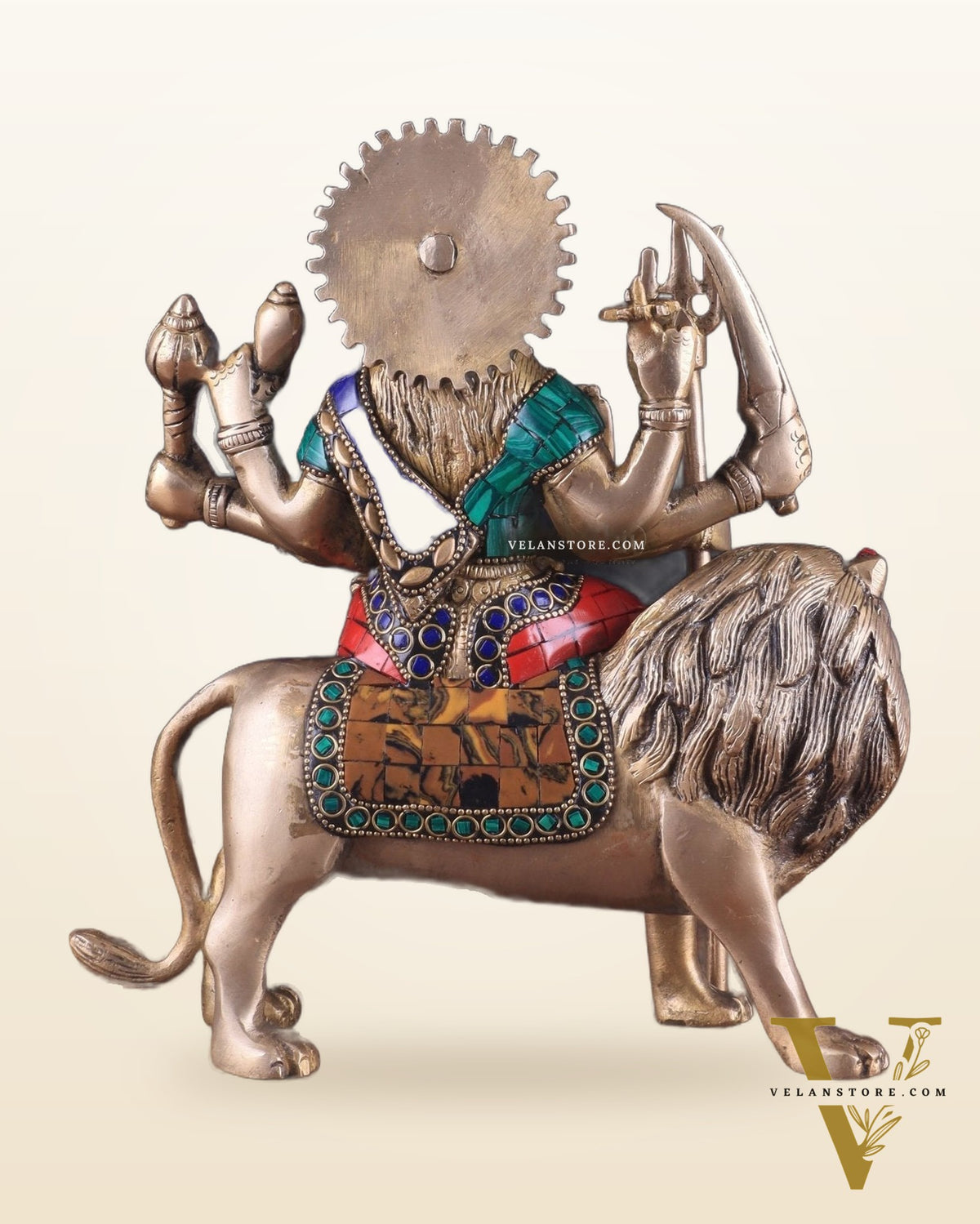 Goddess Durga brass idol 9 inch with stonework