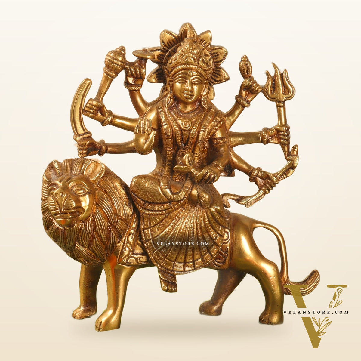 Goddess Durga brass idol with 8 arms sitting on lion golden