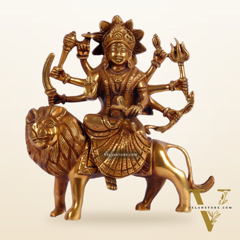 Goddess Durga brass idol with 8 arms sitting on lion golden
