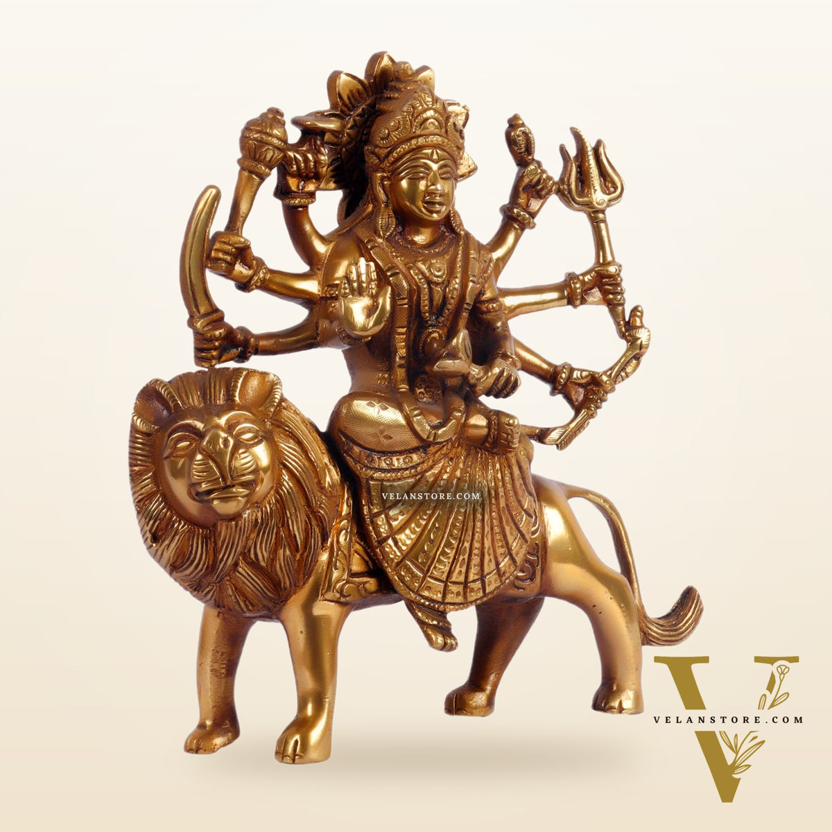 Goddess Durga brass idol with 8 arms sitting on lion golden