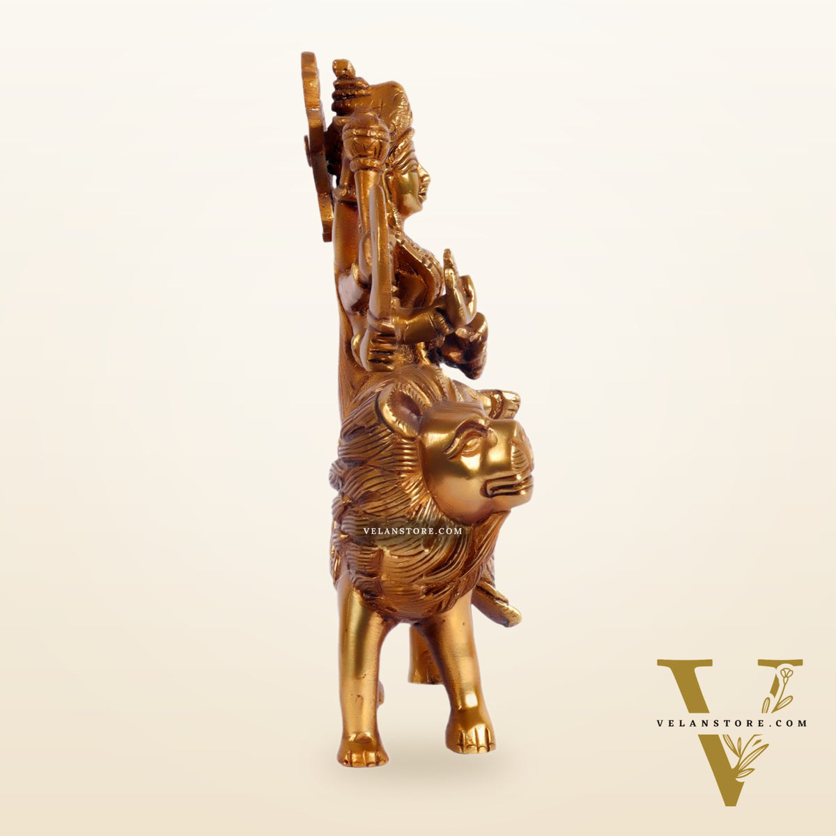 Goddess Durga brass idol with 8 arms sitting on lion golden