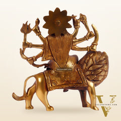 Goddess Durga brass idol with 8 arms sitting on lion golden