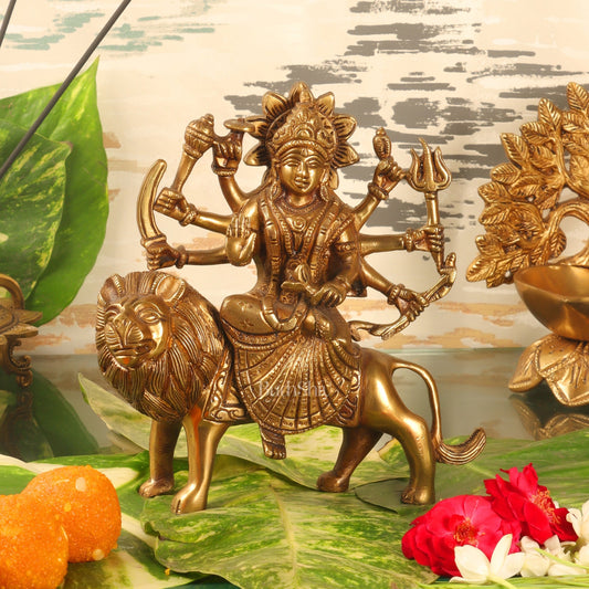 Goddess Durga brass idol with 8 arms sitting on lion golden