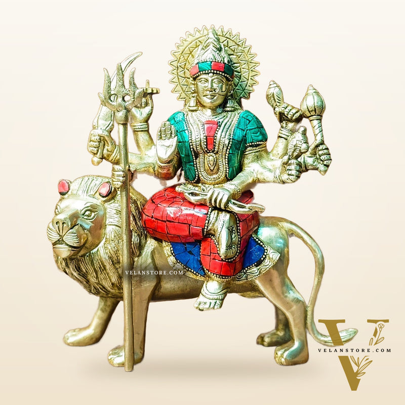 Goddess Durga brass idol with 8 arms sitting on lion with stonework 9 inches with stonework