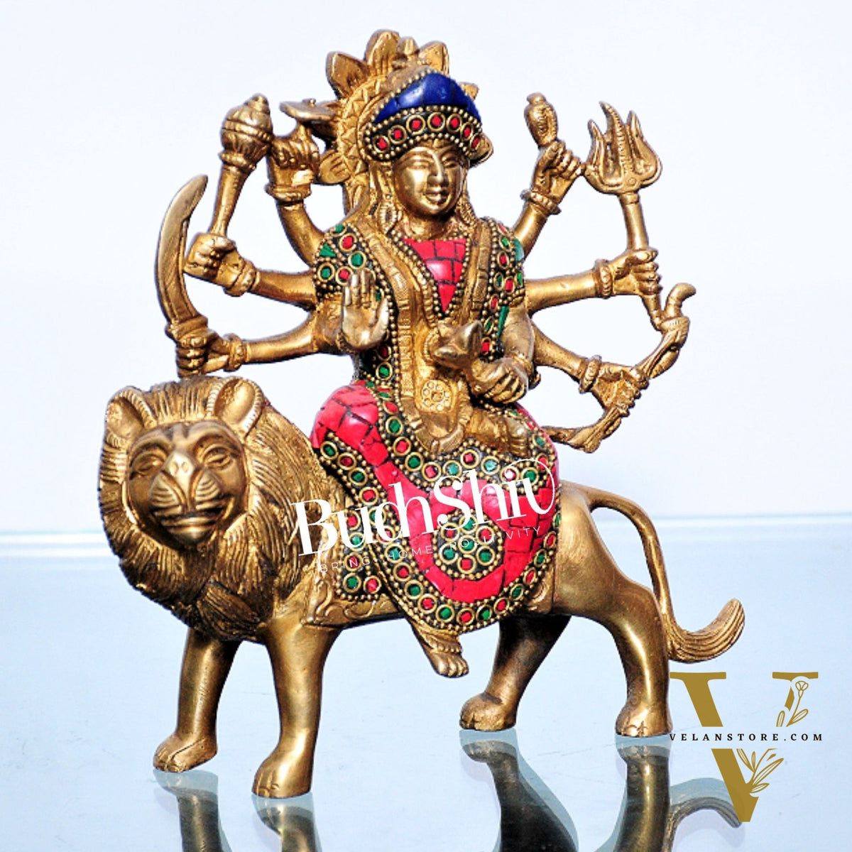 Goddess Durga brass idol with 8 arms sitting on lion with stonework 7.5 inches