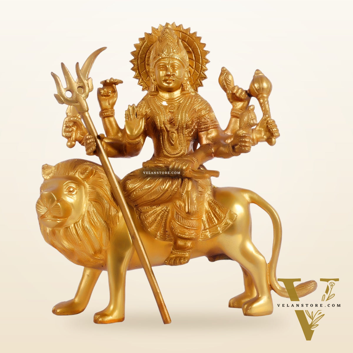 Goddess Durga brass idol with 8 arms sitting on lion with stonework 9 inches