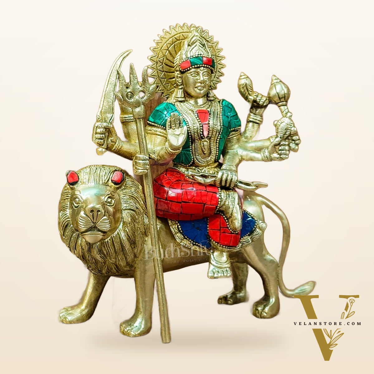 Goddess Durga brass idol with 8 arms sitting on lion with stonework 9 inches with stonework