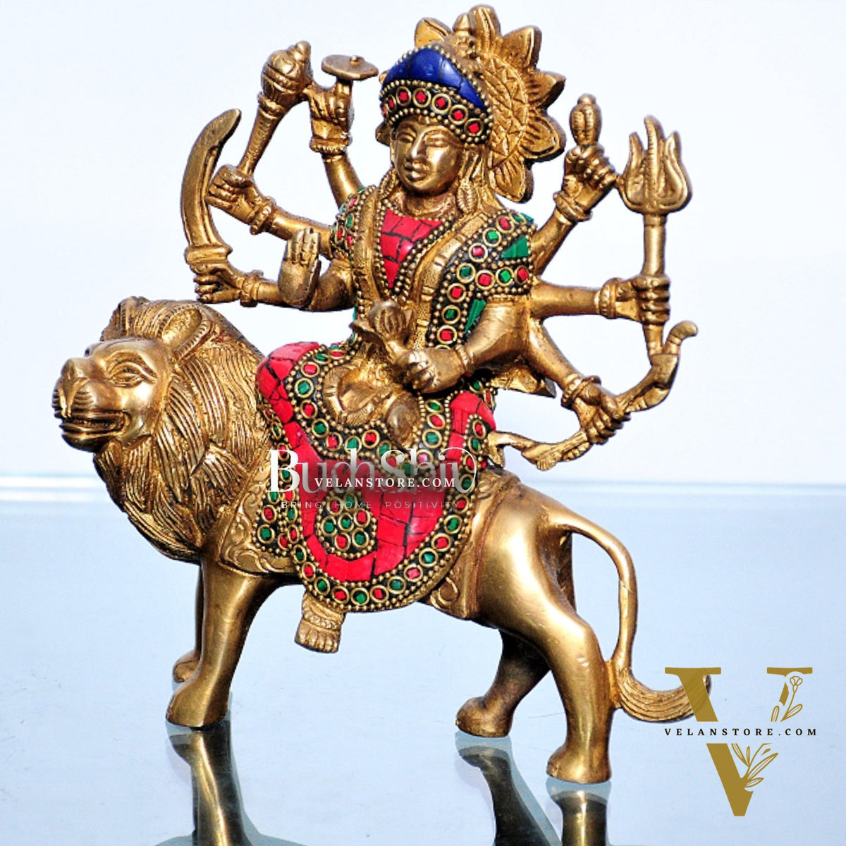 Goddess Durga brass idol with 8 arms sitting on lion with stonework 7.5 inches