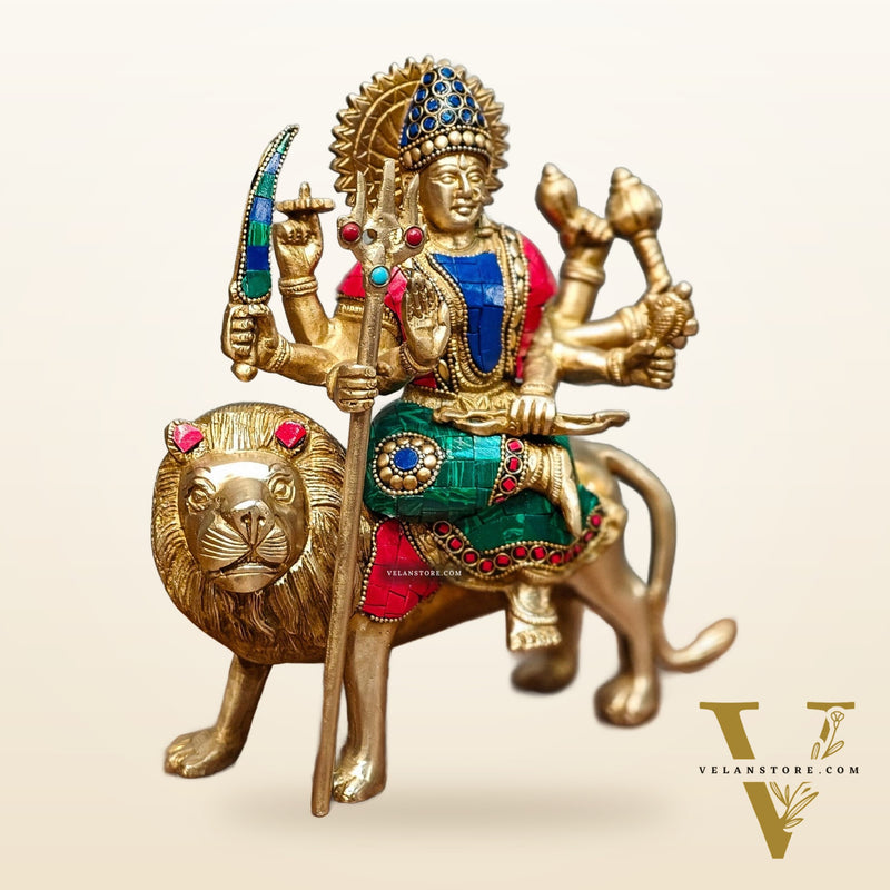 Goddess Durga brass idol with 8 arms sitting on lion with stonework 9 inches