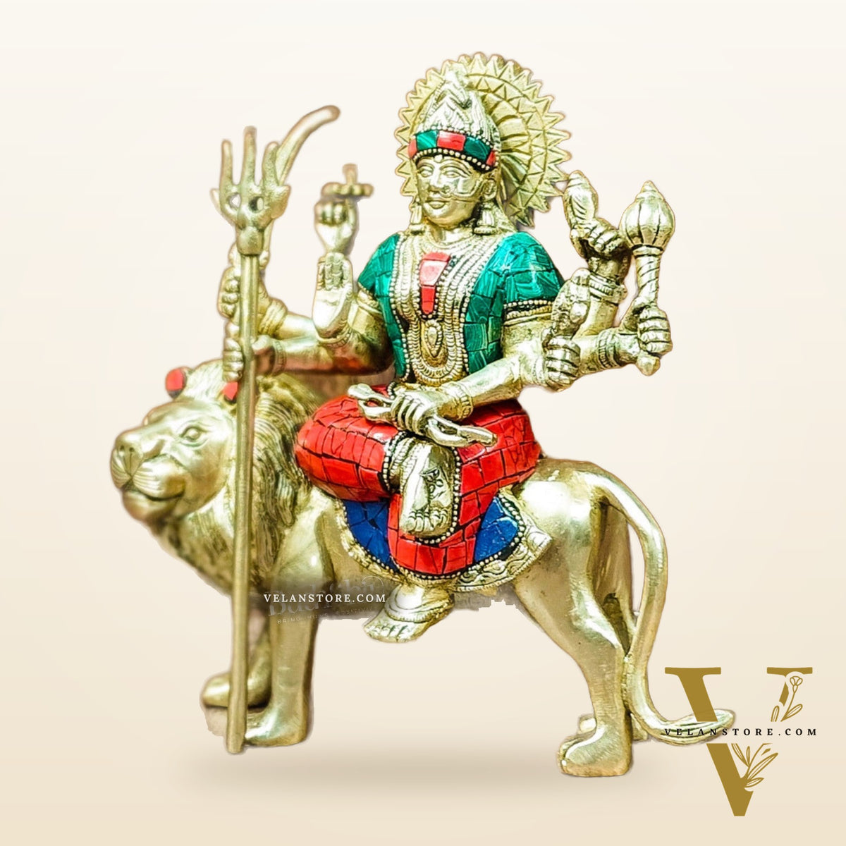 Goddess Durga brass idol with 8 arms sitting on lion with stonework 9 inches with stonework