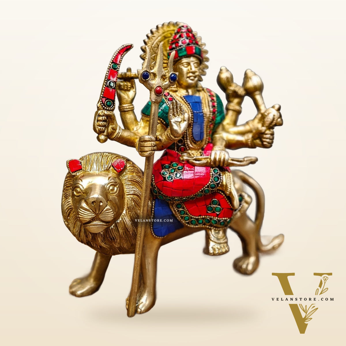 Goddess Durga brass idol with 8 arms sitting on lion with stonework 9 inches
