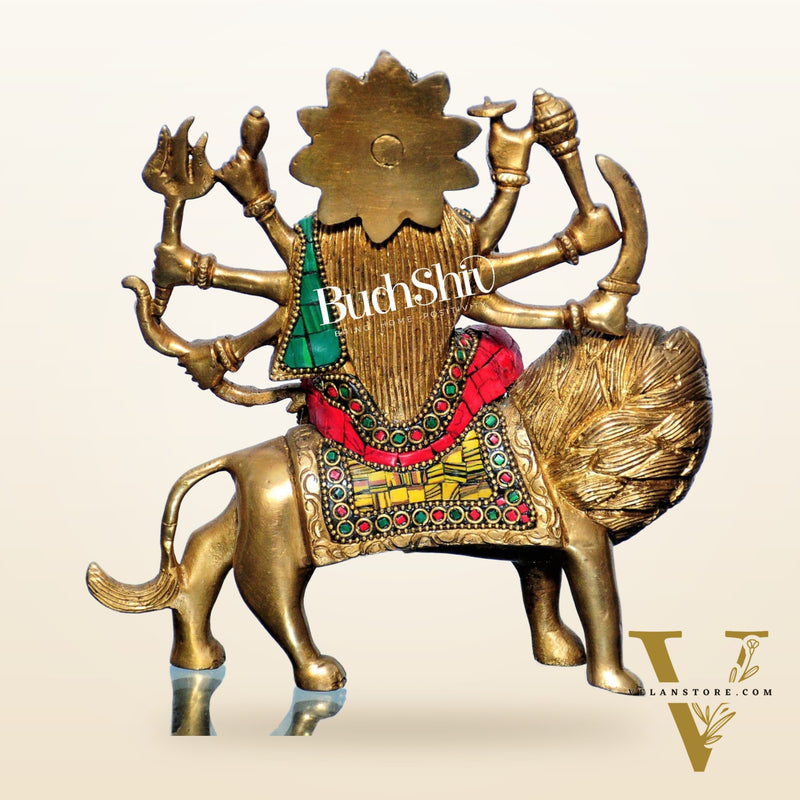 Goddess Durga brass idol with 8 arms sitting on lion with stonework 7.5 inches