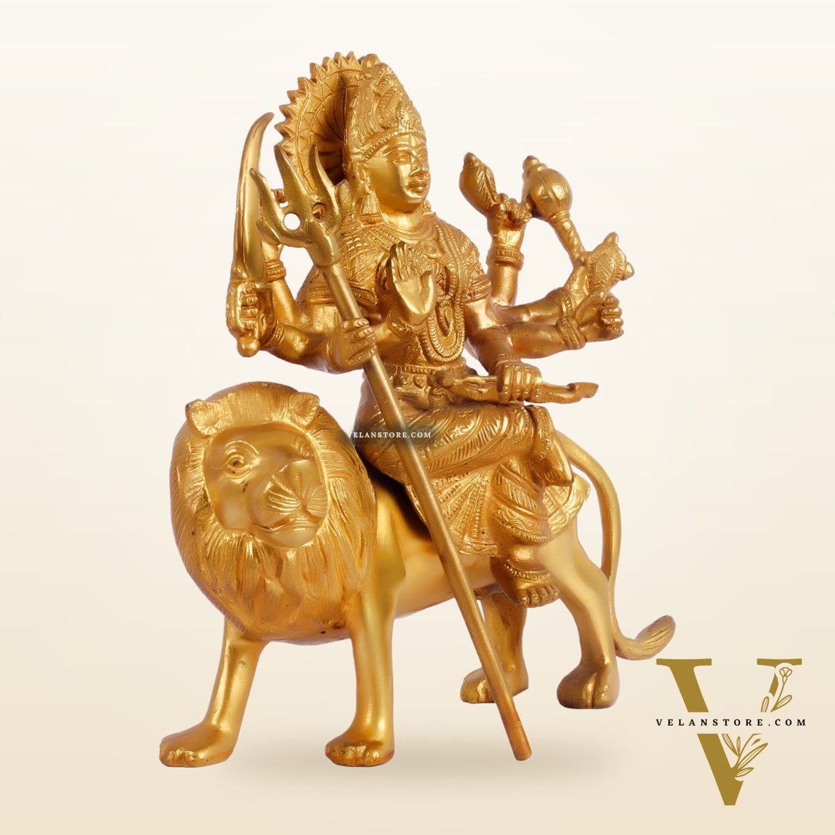 Goddess Durga brass idol with 8 arms sitting on lion with stonework 9 inches